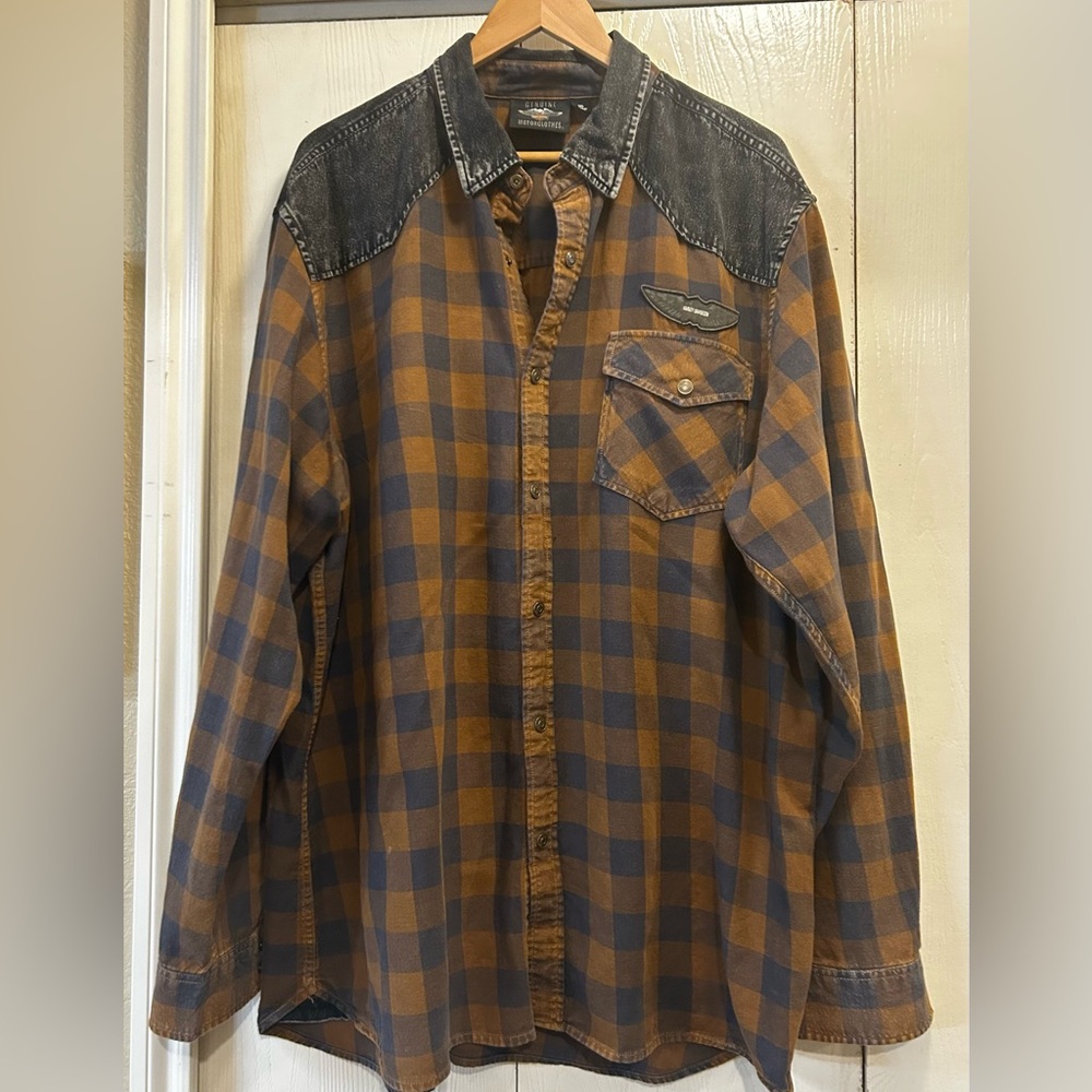 Harley-Davidson 2XL Brown and Black Plaid Button Down snaps long sleeve Shirt
